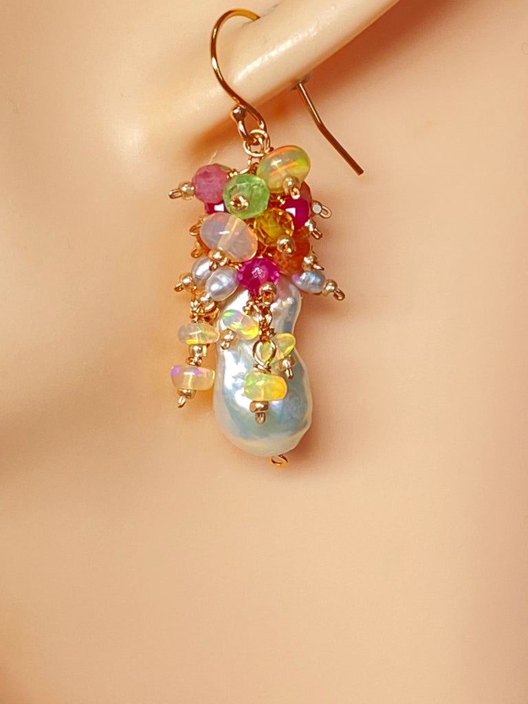 White Flameball Pearl Multicolor Gemstone Cluster Earrings Rose Gold Fill