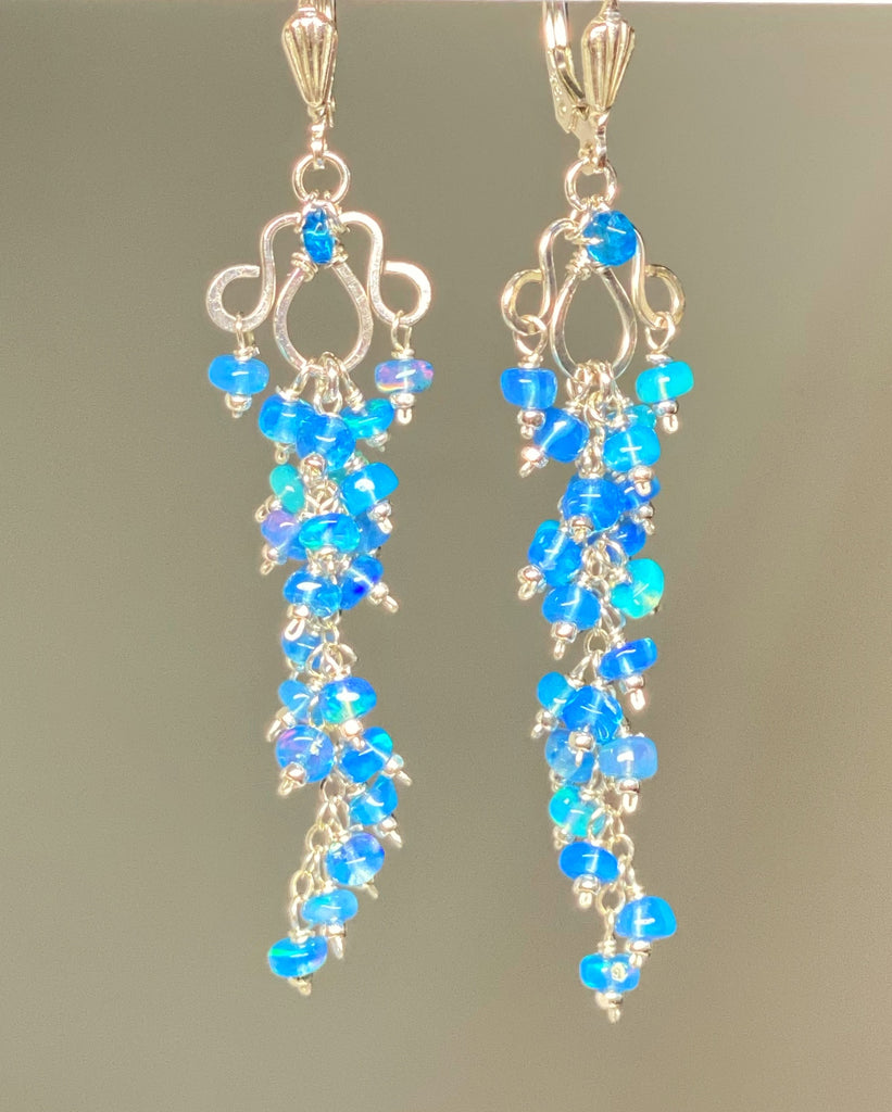 Teal Blue Ethiopian Opal Long Cluster Dangle Earrings Sterling Silver