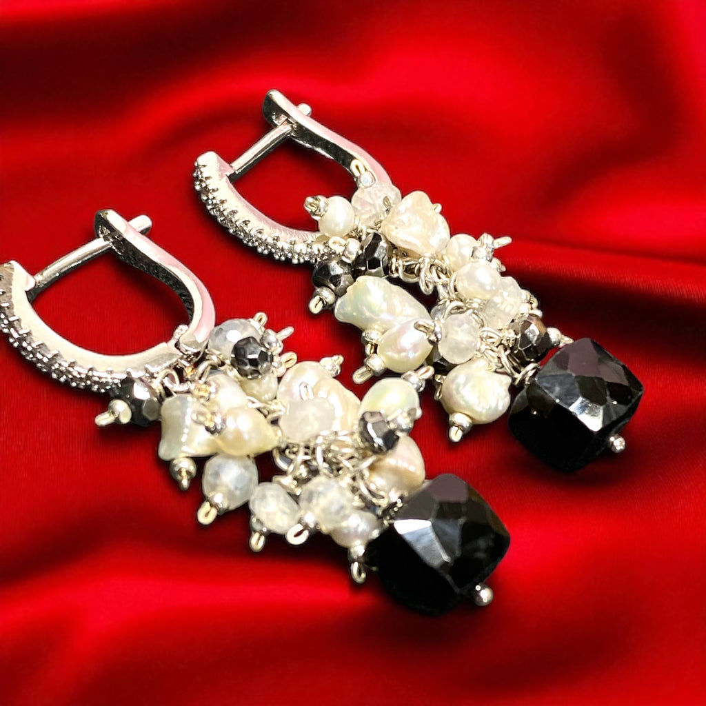 Black Spinel, Pearl and Moonstone Cluster Earrings