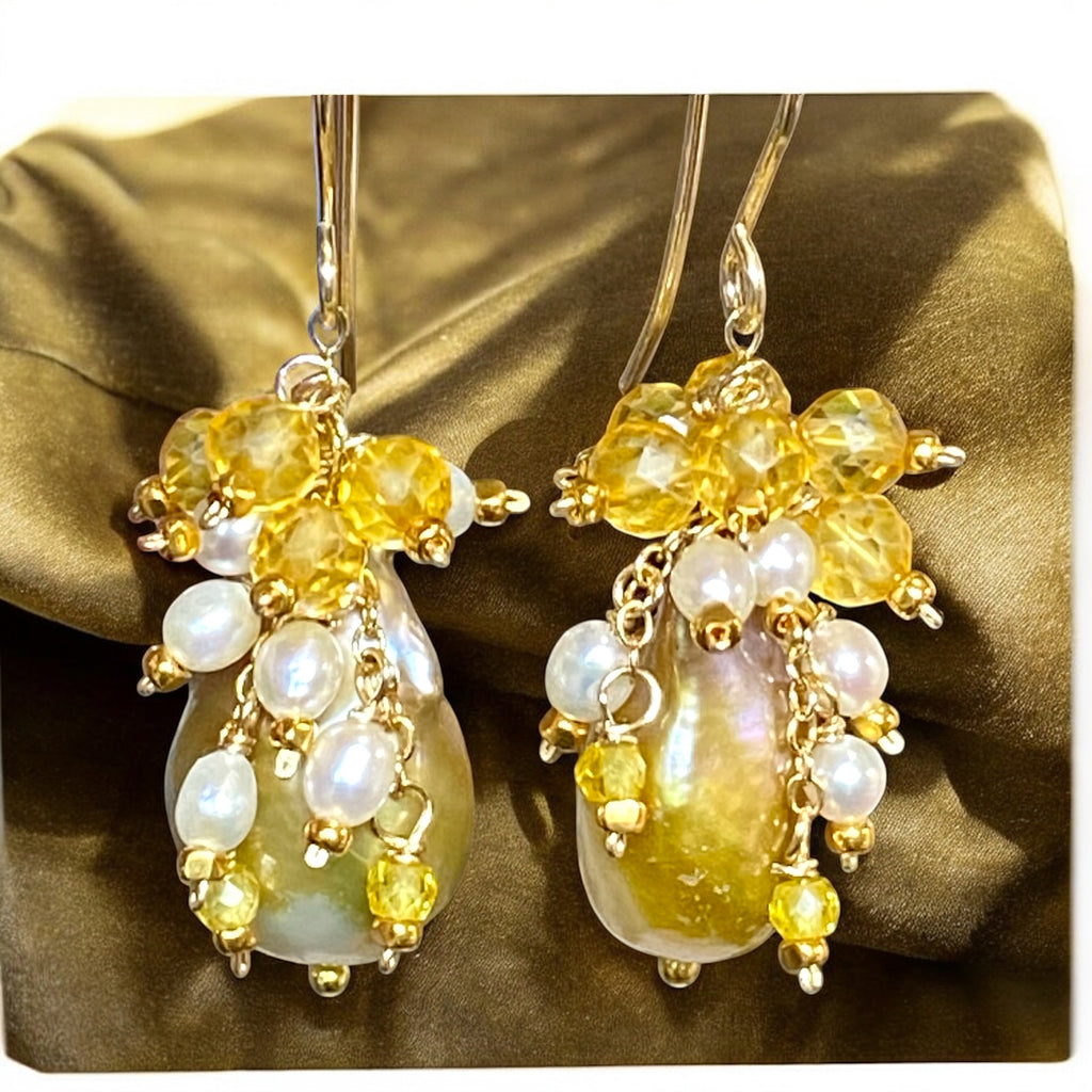 Citrine and Pond Slime Baroque Pearl Earrings Gold Fill