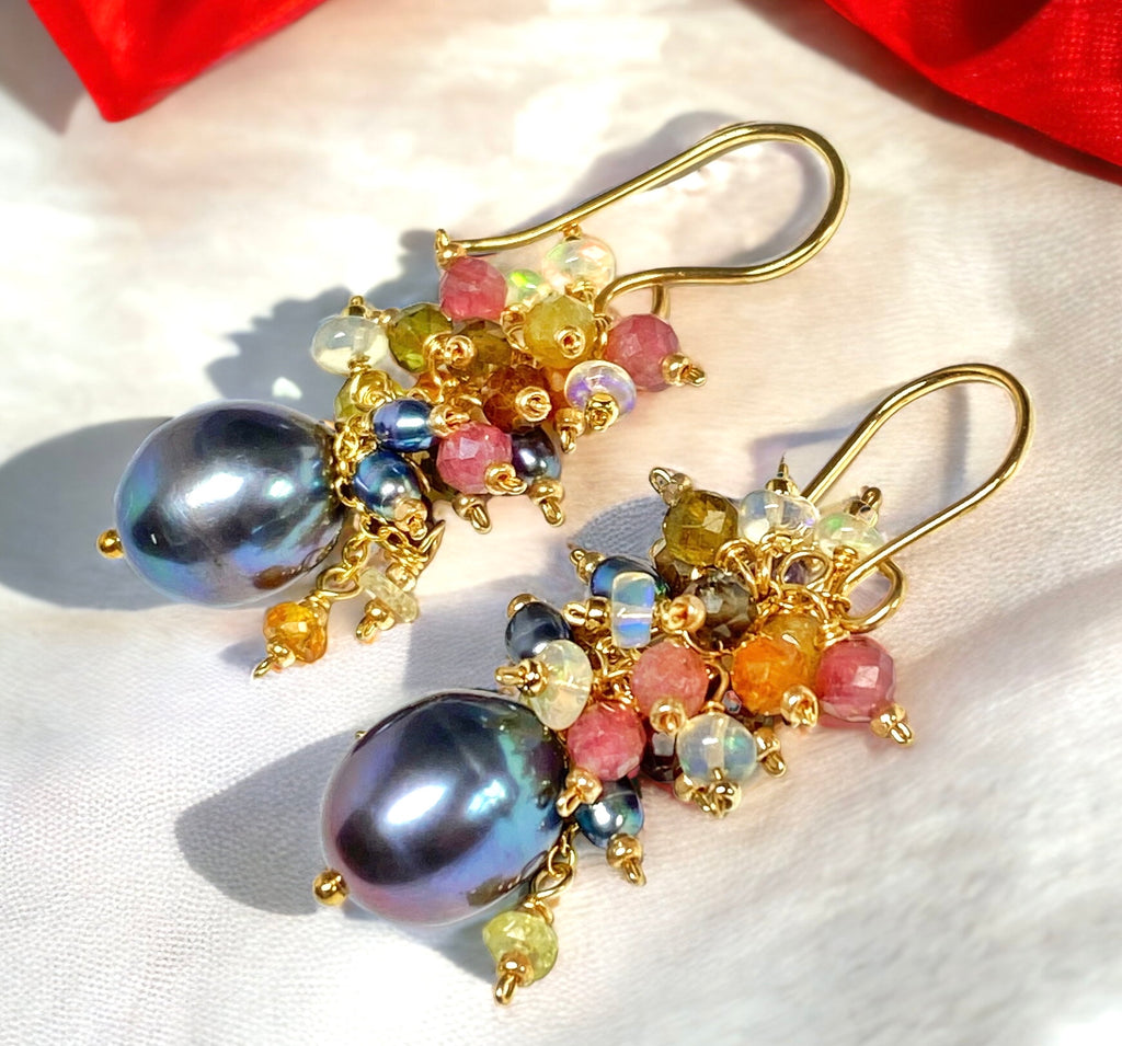 Tourmaline and Opal Cluster Earrings with Black Peacock Pearls