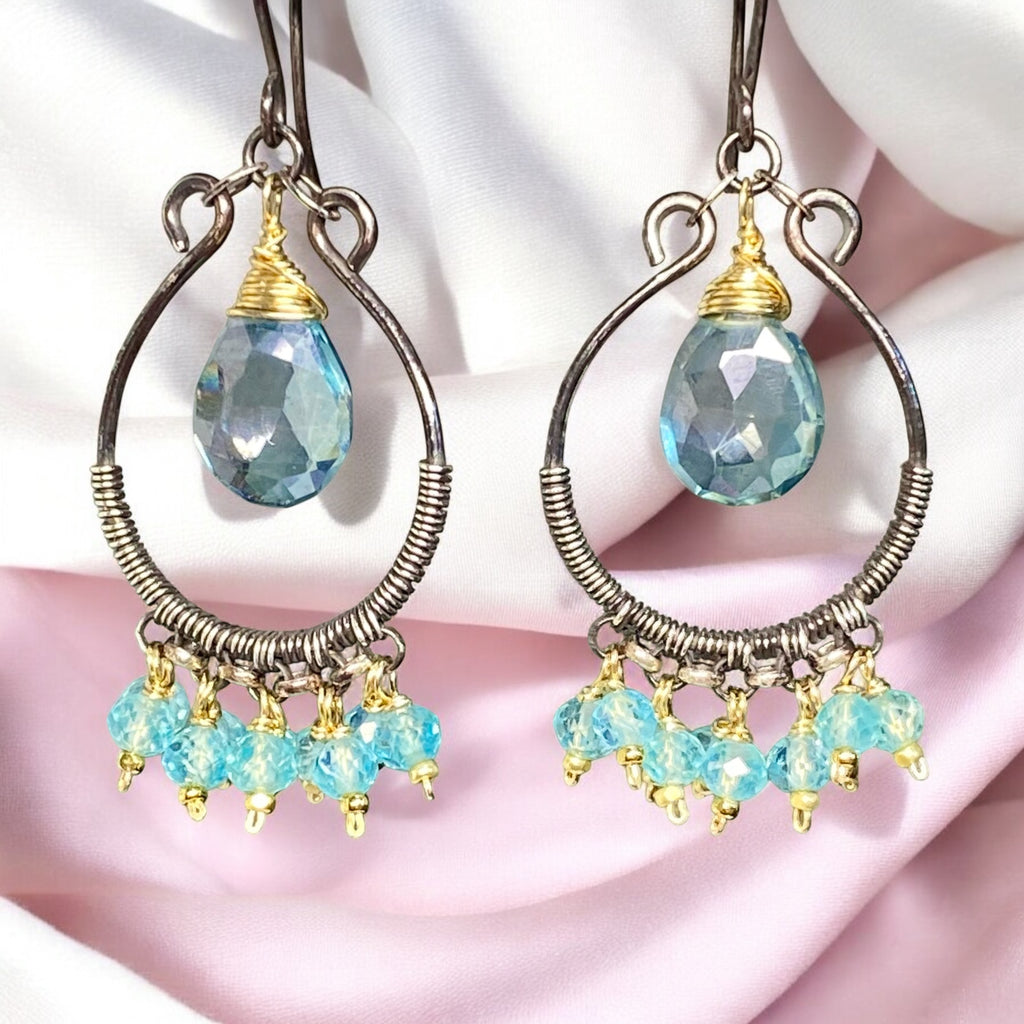 Aqua Apatite Oxidized Sterling Silver Hoop Chandelier Earrings