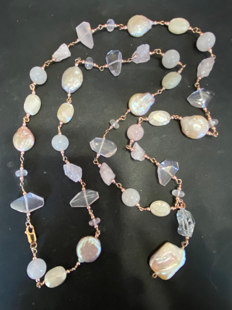 Blush Pink Coin Pearl Long Sautoir Necklace — Rose Gold Fill, Rose Quartz & Morganite