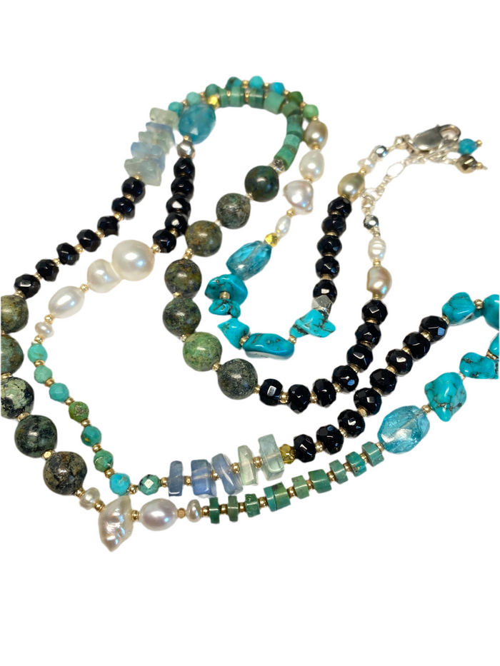 Turquoise Wrap Bracelet Necklace with Freshwater Pearl, Black Onyx, Apatite
