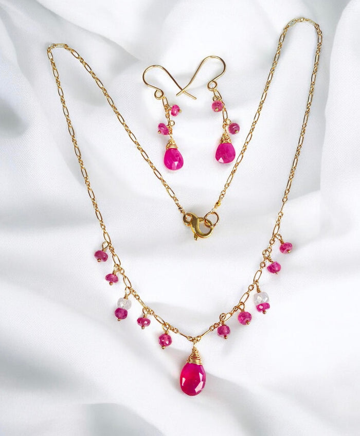 Pink Sapphire & Moonstone Necklace and Earrings Set, 14k Gold Fill - Doolittle