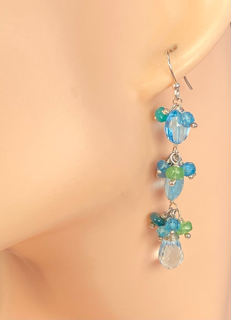 Swiss Blue Topaz & Ethiopian Opal Cluster Earrings, Sterling Silver