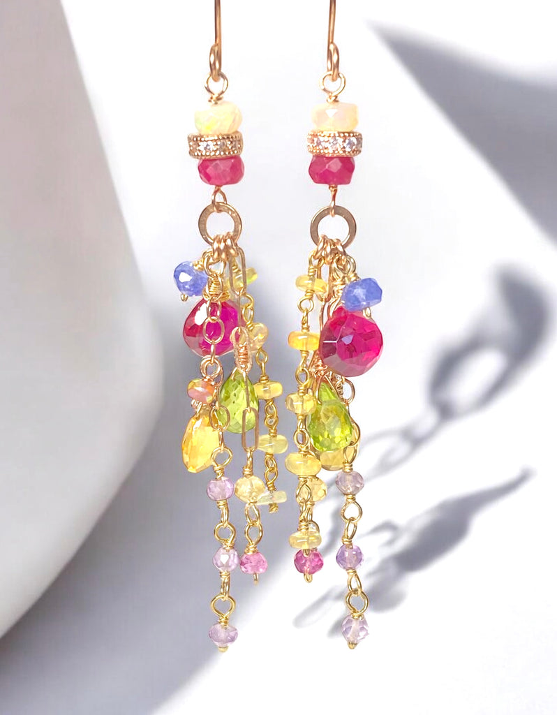 Multi-color Gemstone Long Chain Dangle Earrings Red Topaz Pink Sappire Citrine Opal Rose Gold