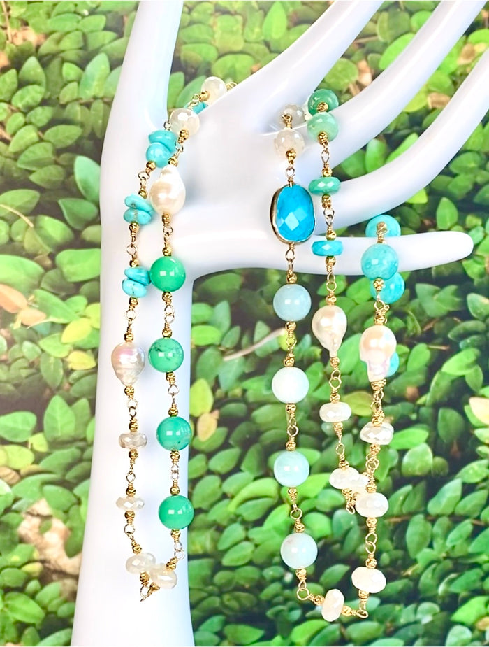 Long Multi Gemstone Pearl Necklace Larimar Sleeping Beauty Turquoise Gold Fill - Doolittle