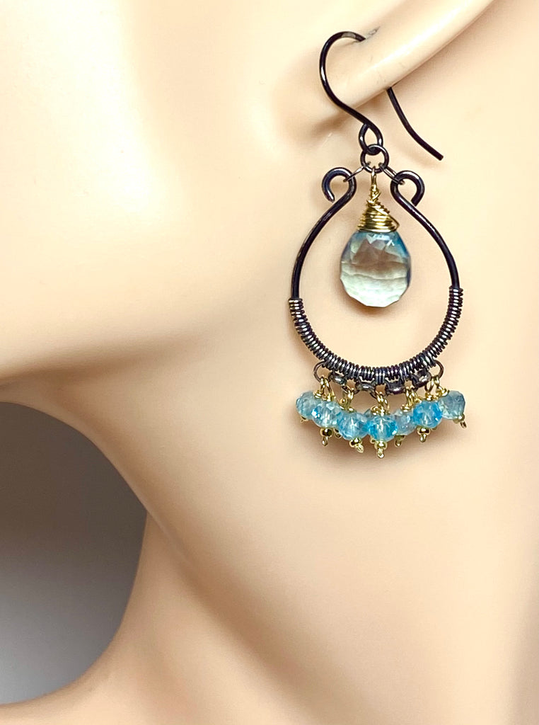 Aqua Apatite Oxidized Sterling Silver Hoop Chandelier Earrings