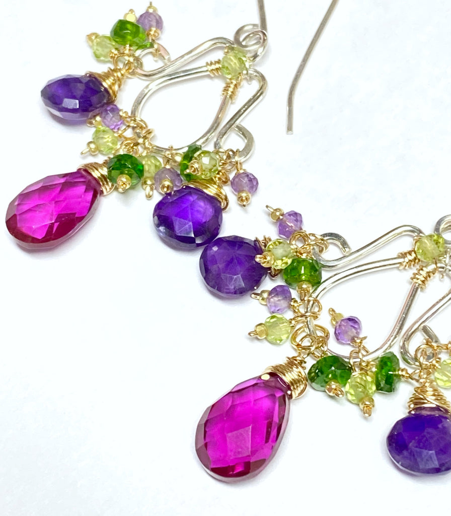 Amethyst, Rhodolite Mixed Metal Chandelier Earrings - Purple, Violet, Green