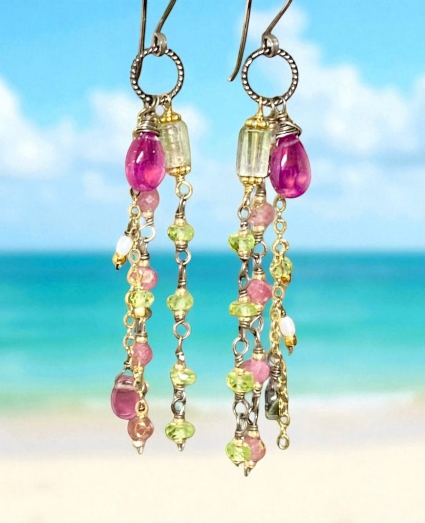 Pink Sapphire, Peridot and Tourmaline Gemstone Long Dangle Earrings