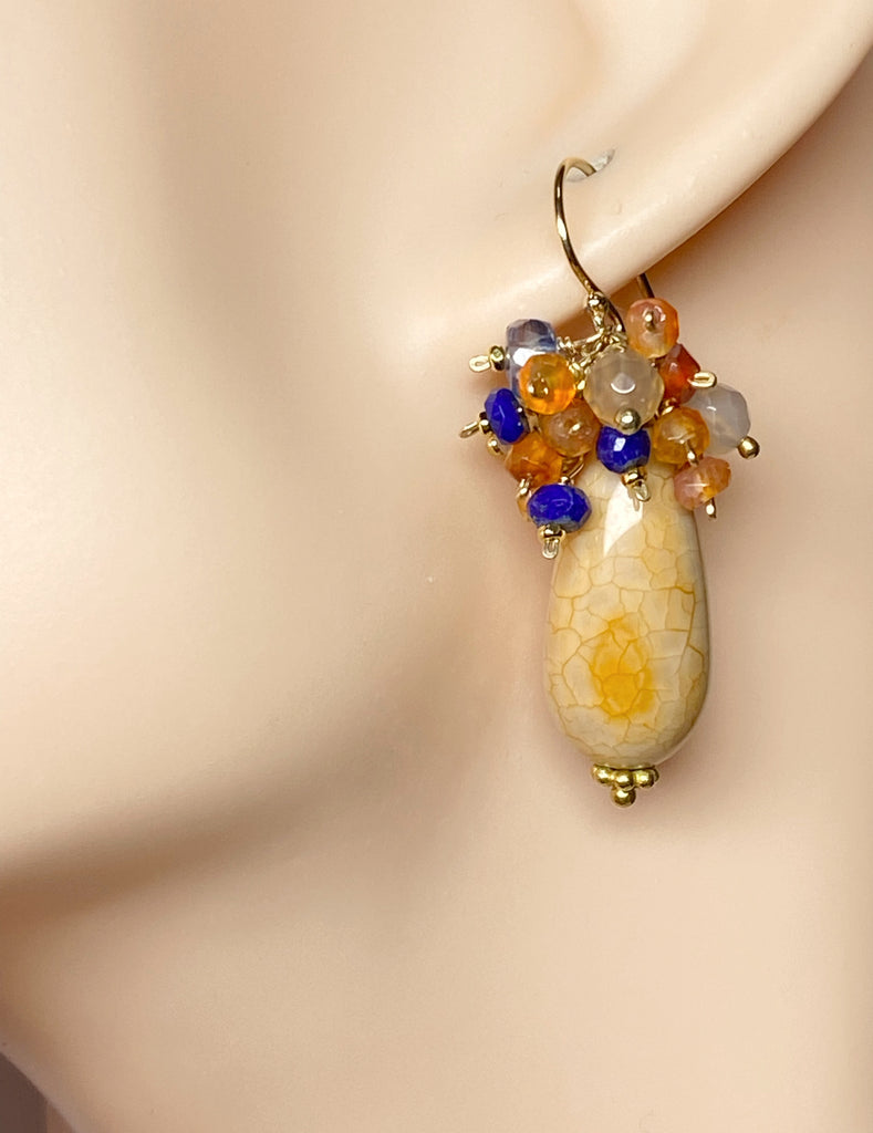 Fire Agate Drop and Gemstone Cluster Earrings Gold Fill 2