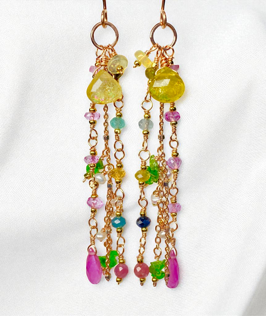 Canary Yellow Tourmaline Long Dangle Earrings Rose Gold Fill