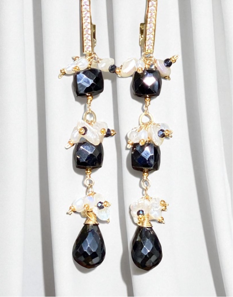 Black Spinel White Pearl Long Dangle Earrings