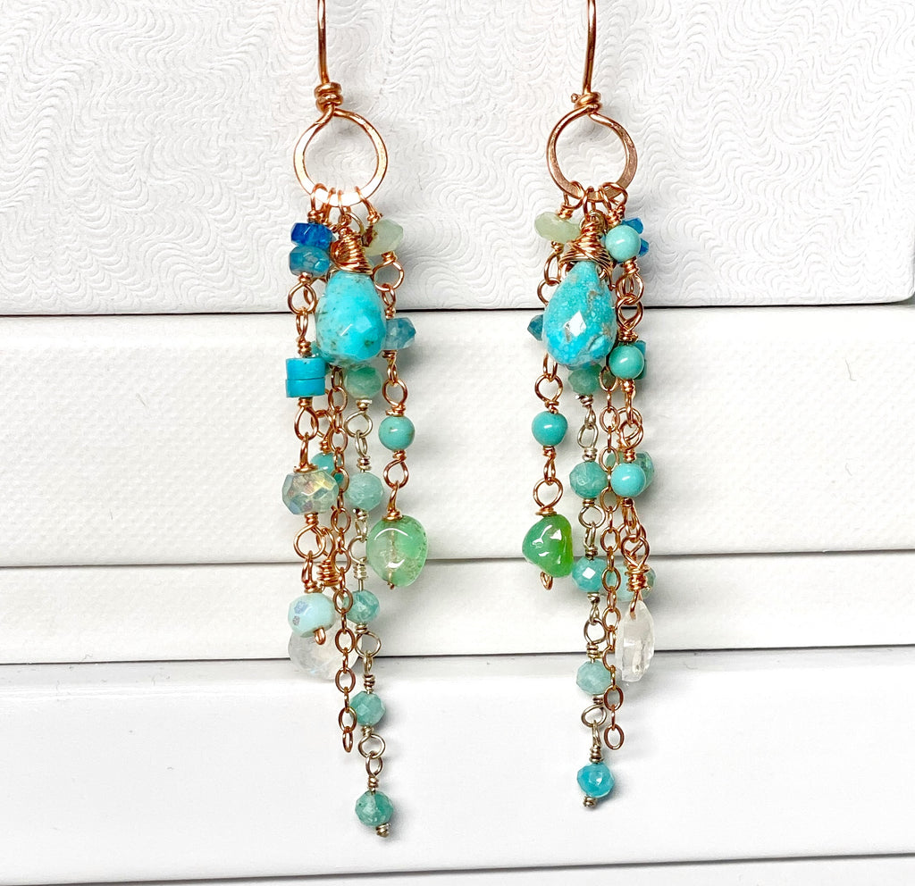 Turquoise Multi Gemstone Dangle Earrings Rose Gold Fill