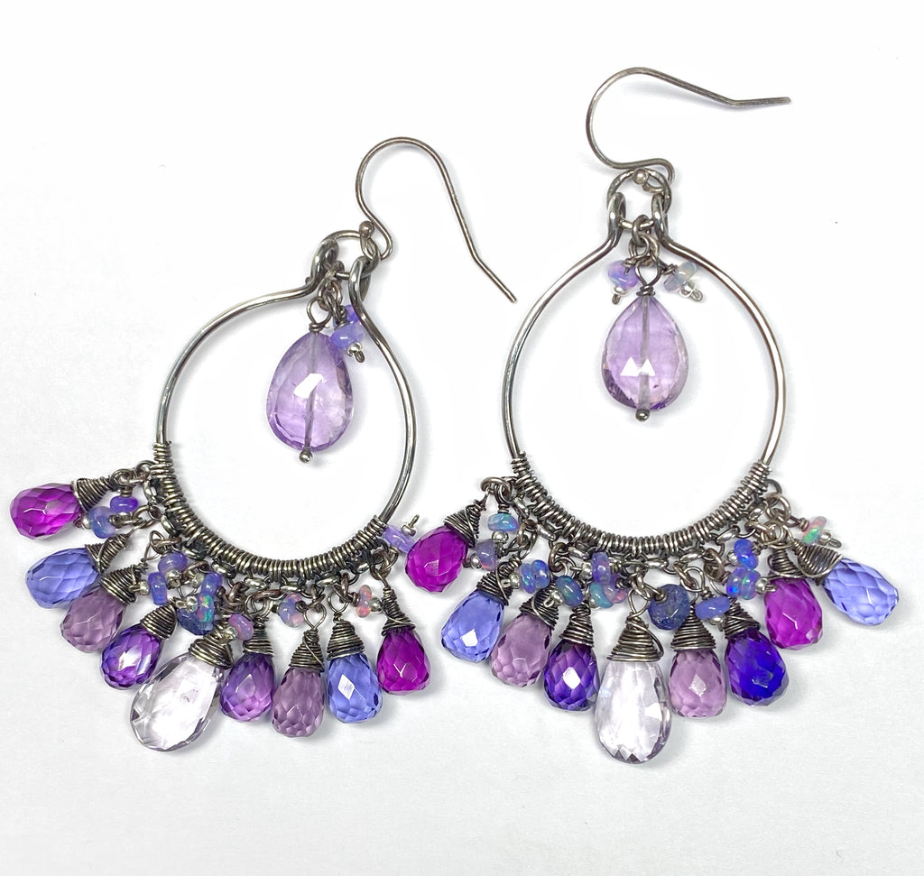 Blue Violet Gem Statement Chandelier Earrings in Oxidized Sterling Silver
