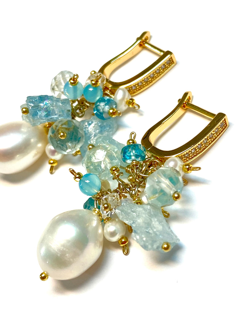 Aquamarine & Baroque Pearl Cluster Earrings Gold Fill — Blue Topaz, Blue Chalcedony & Raw Aquamarine - Doolittle