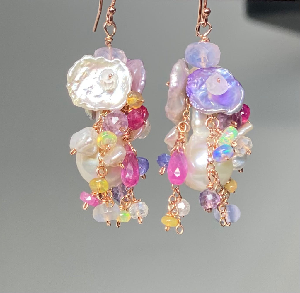 Flameball Pearl and Multicolor Gemstone Chain Dangle Earrings Rose Gold