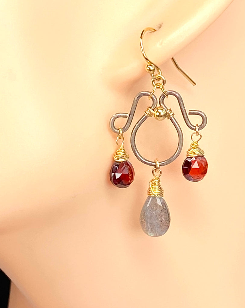 Red Garnet Heart & Labradorite Chandelier Earrings, Oxidized Silver & Gold Fill