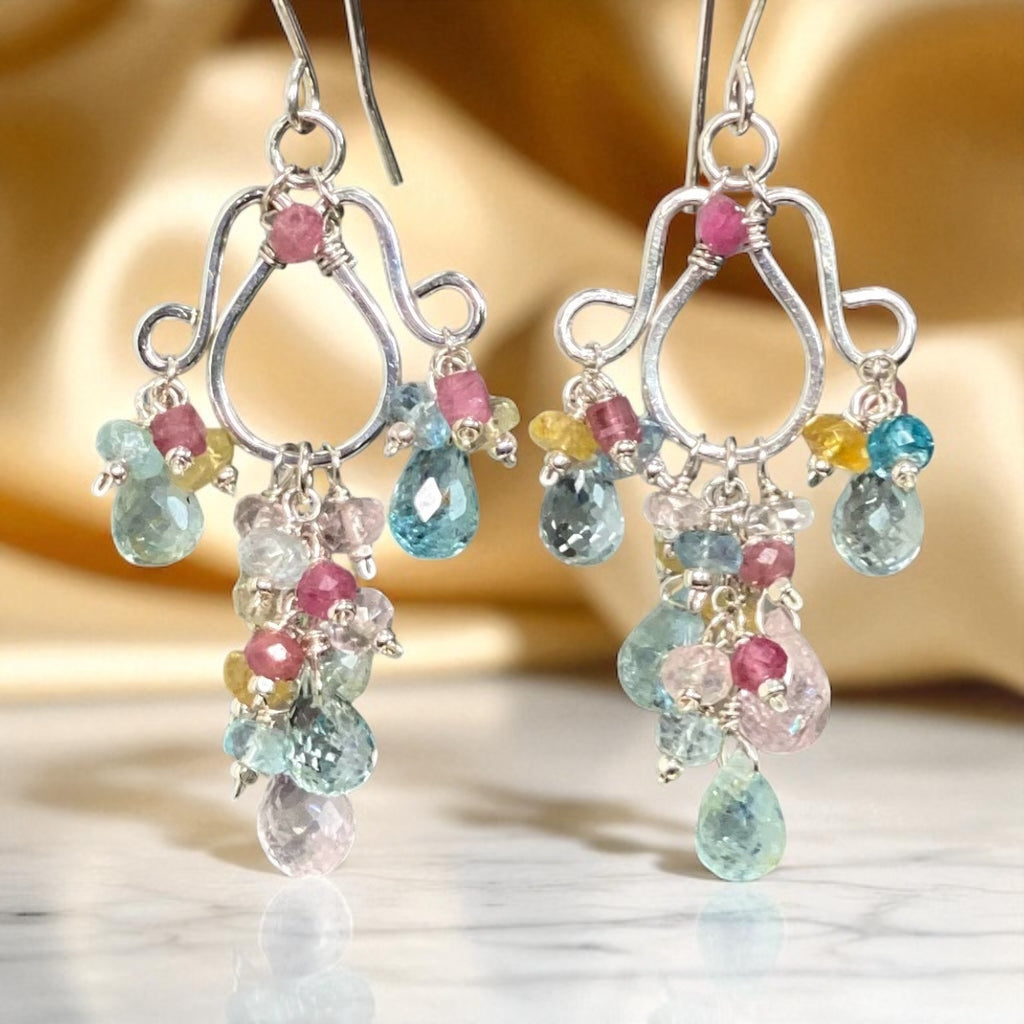 Dangle Gemstone Chandelier Earrings with Aquamarine in Sterling Silver