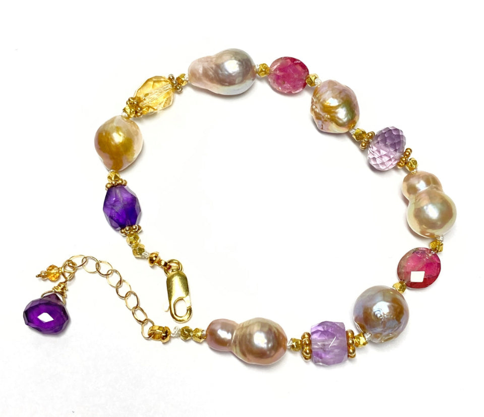 Baroque Pearl and Multi Gemstone Bracelet Gold Fill