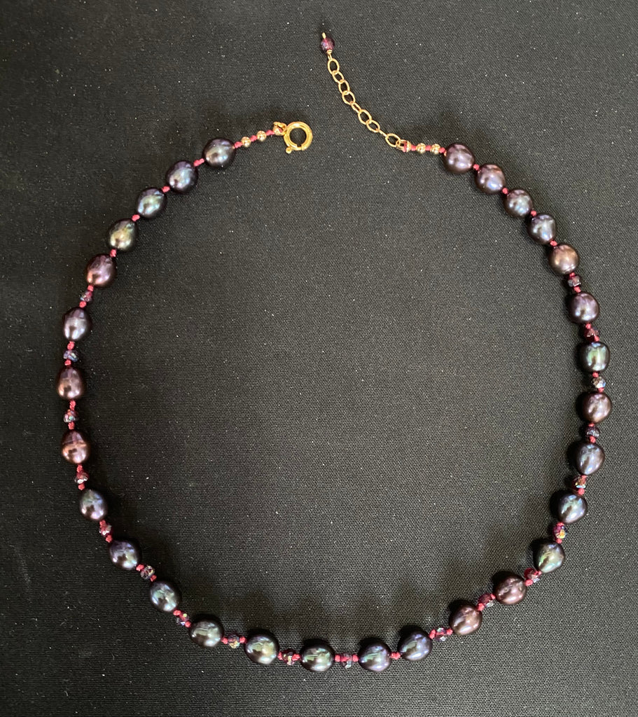 Peacock Pearl and Mystic Garnet Silk Knotted Necklace, Gold Fill