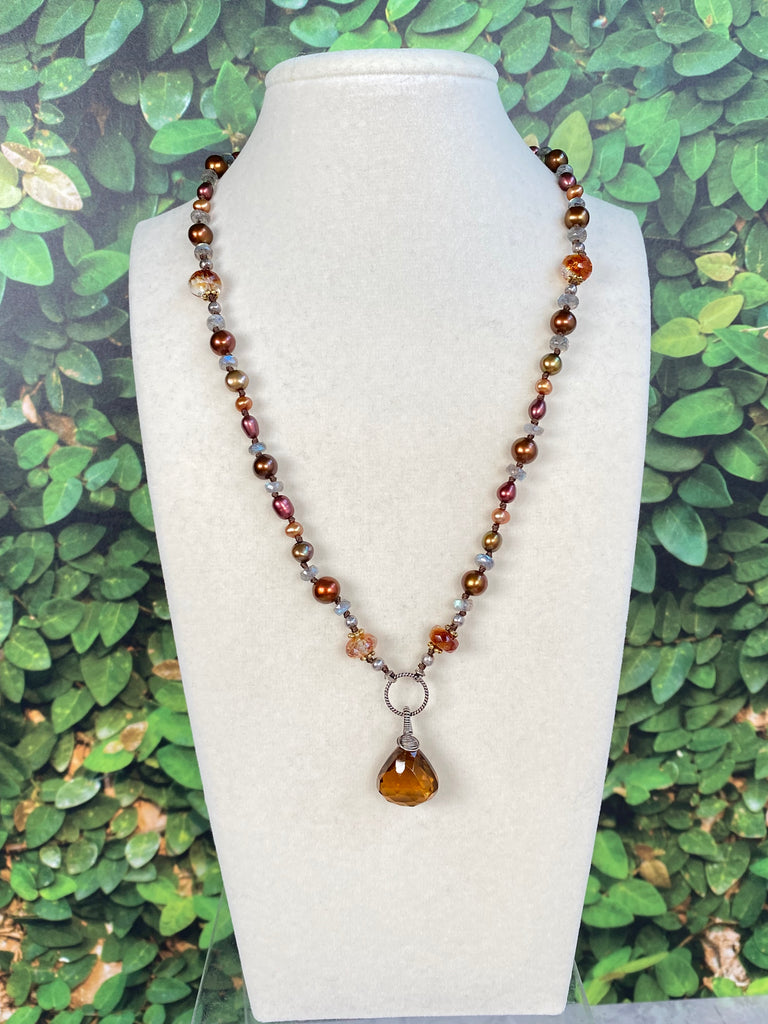 Cognac Quartz Silk Knot Pendant Necklace with Citrine, Labradorite, Pearl, Sterling Silver