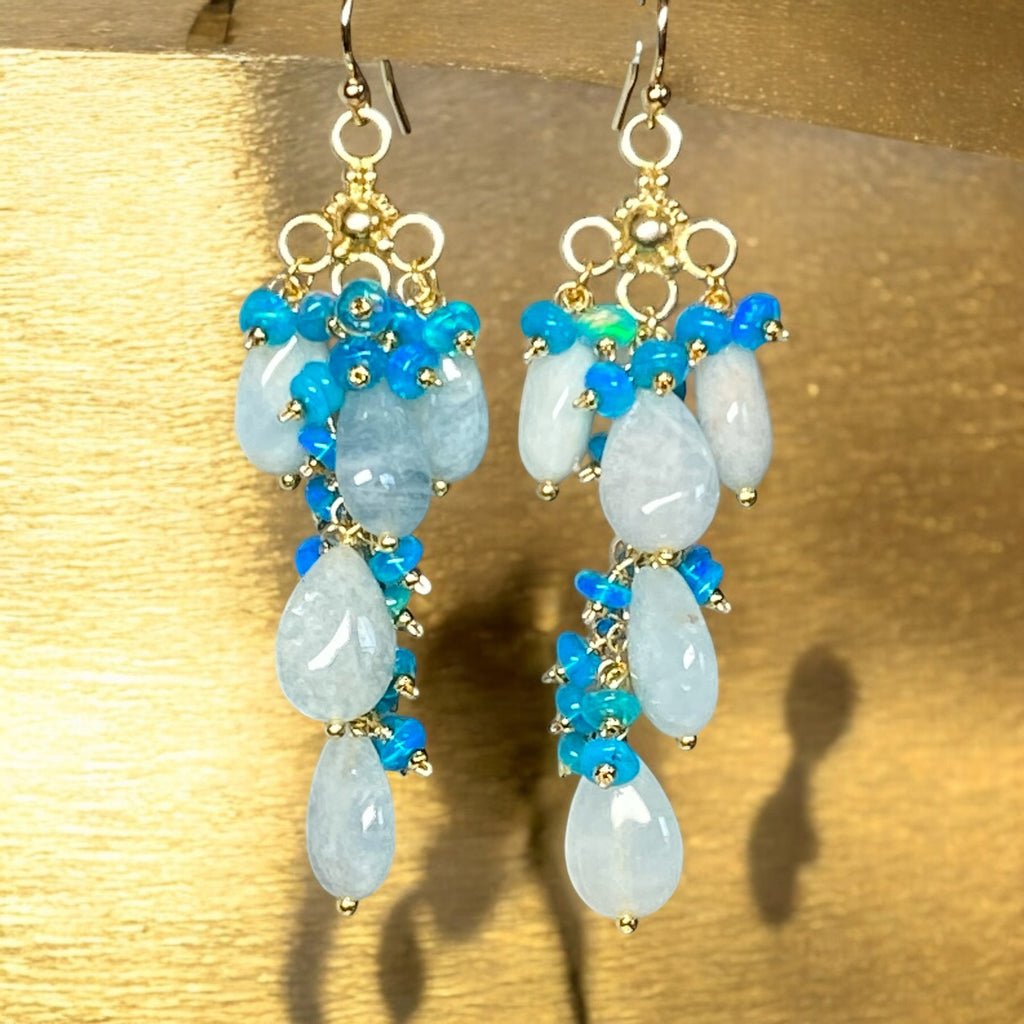 Blue Aquamarine and Teal Blue Opal Long Gem Dangle Chandelier Earrings