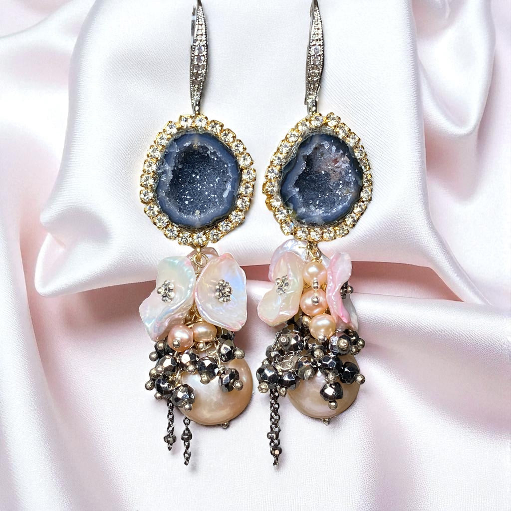 Pink Edison Pearl Cluster Earrings with Keishi and Black Geodes