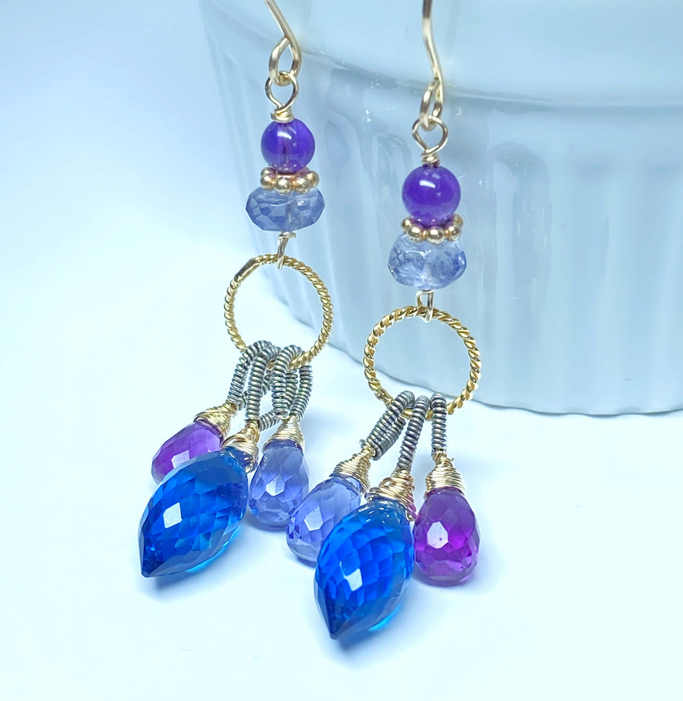 Blue, Purple Chandelier Earrings, Mixed Metals, Iolite, Amethyst, Quartz