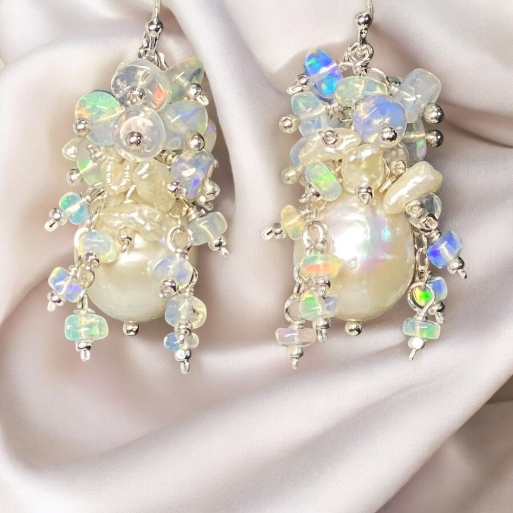 Pearl Ethiopian Opal Cluster Bridal Earrings Sterling Silver