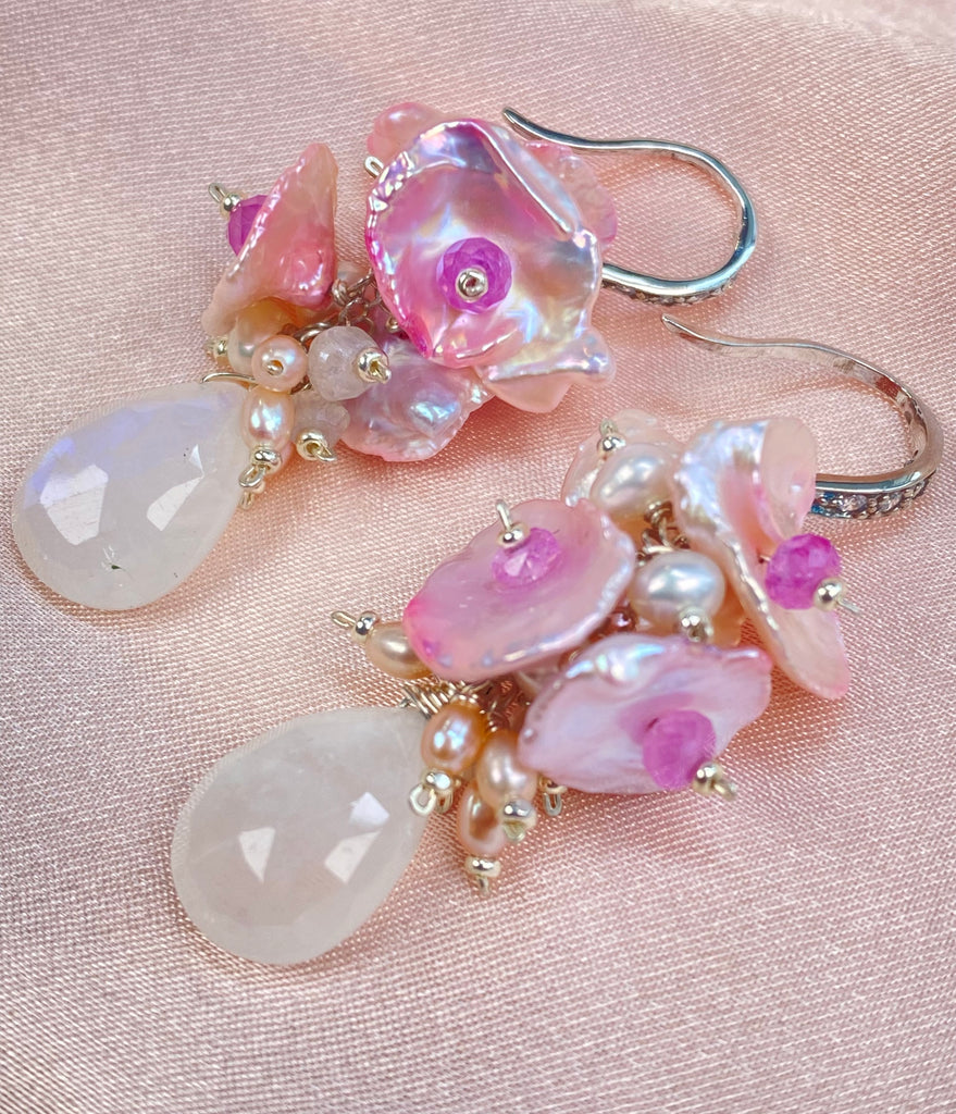 Moonstone, Pink Keishi Pearl, Pink Sapphire Cluster Earrings