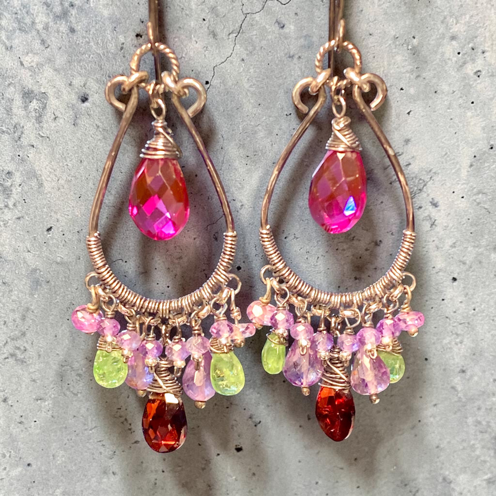 Multicolor Gemstone Statement Chandelier Earrings Oxidized Sterling Silver Amethyst Tsavorite Garnet - Doolittle