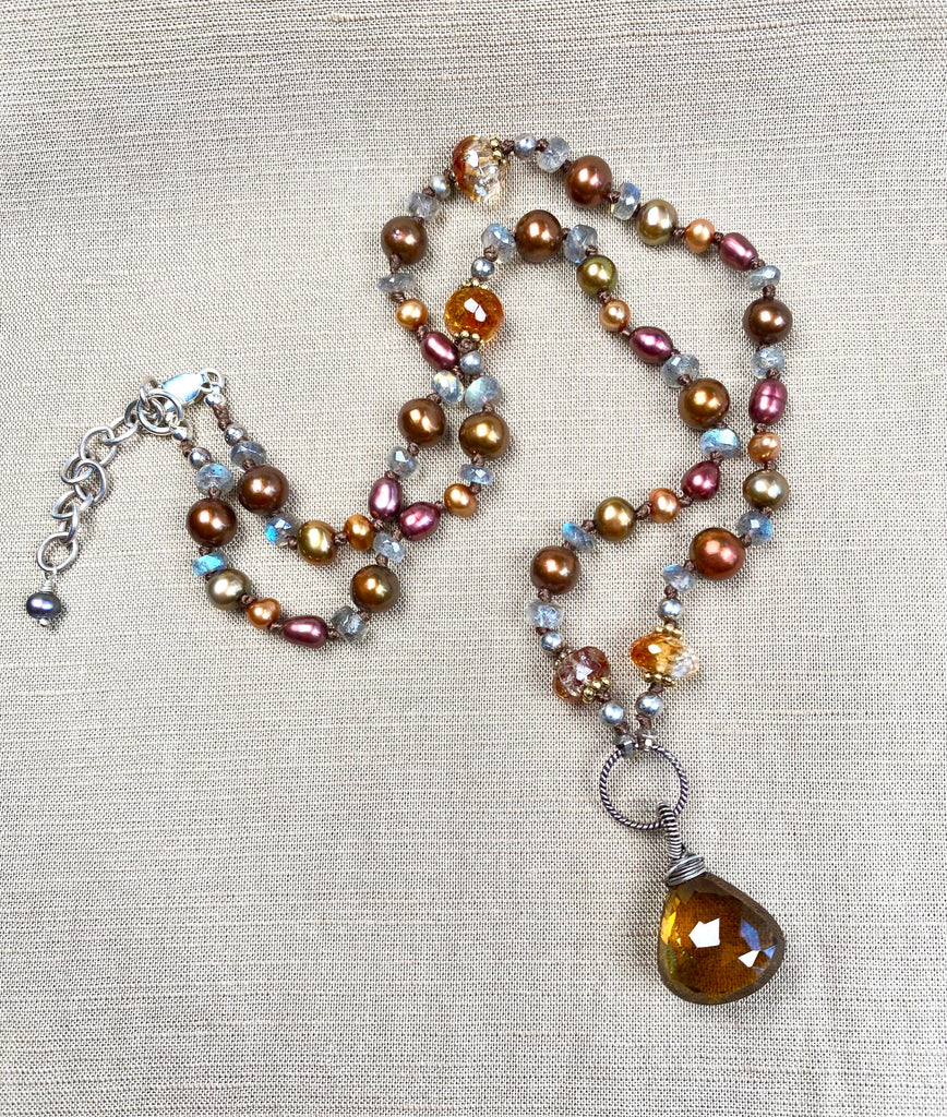 Cognac Quartz Silk Knot Pendant Necklace with Citrine, Labradorite, Pearl, Sterling Silver