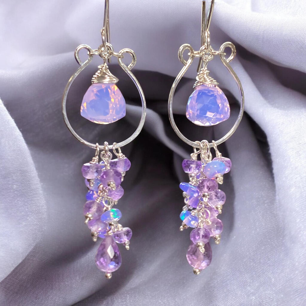 Statement lavender and blush pink gemstone chandelier hoop earrings with amethyst and opal, sterling silver