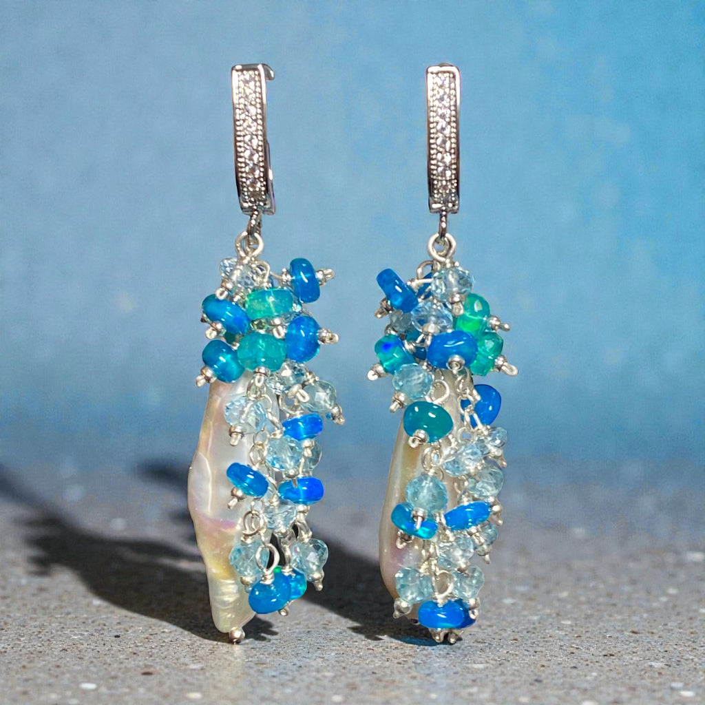 White Biwa Pearl and Aqua Blue Opal Cluster Earrings Sterling Silver