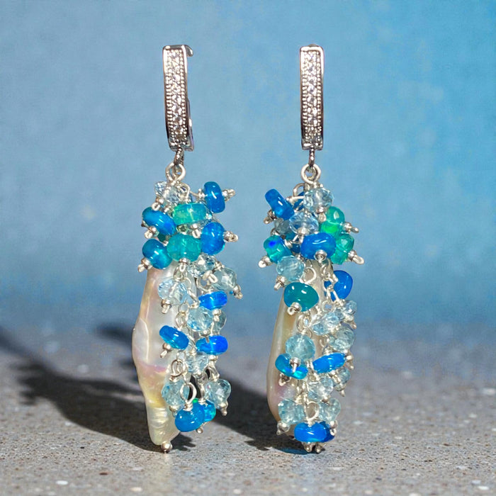 White Biwa Pearl and Aqua Blue Opal Cluster Earrings Sterling Silver - Doolittle