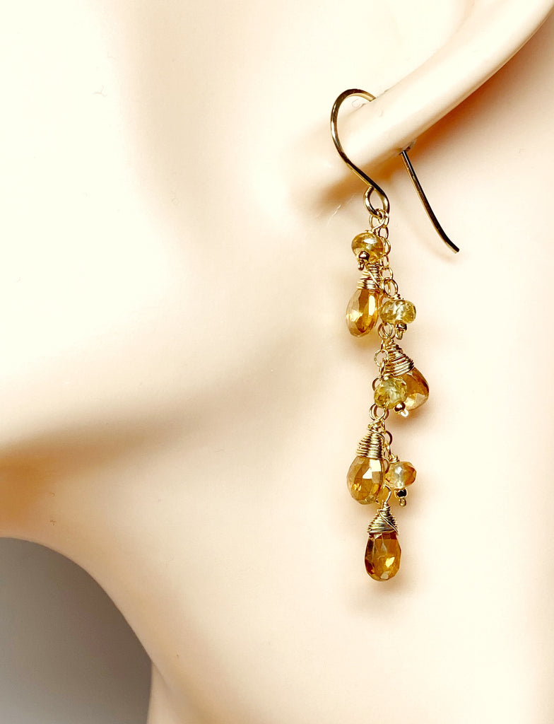 Golden Topaz and Natural Zircon Dangle Earrings Gold Fill 3