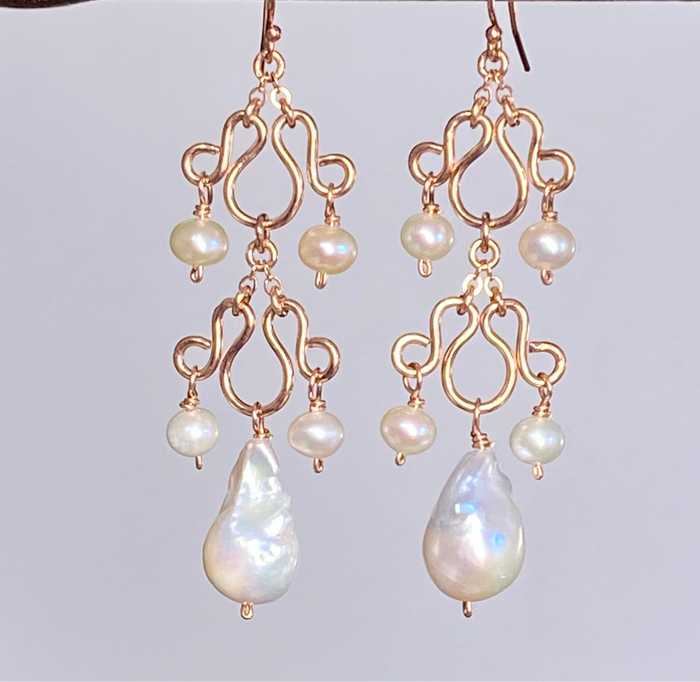 Baroque Pearl Rose Gold Chandelier Earrings