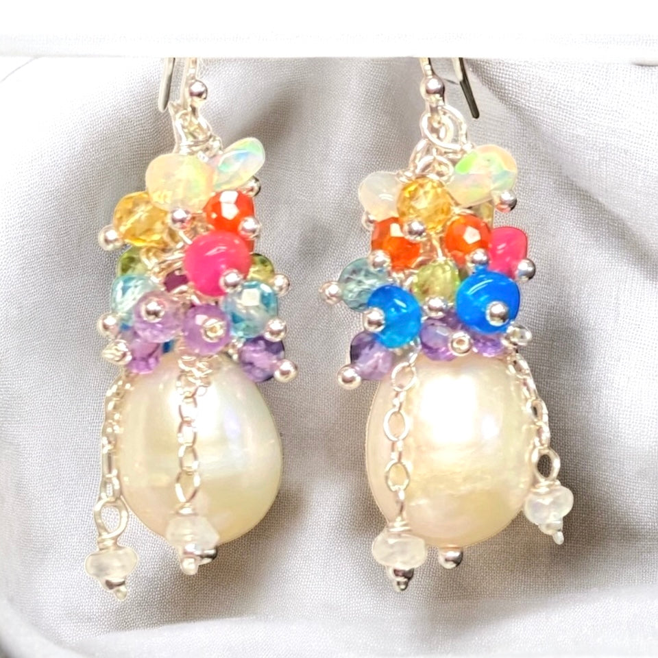 Pearl Earrings with Multi-color Opals and Gemstones in Gold Fill or Sterling Silver