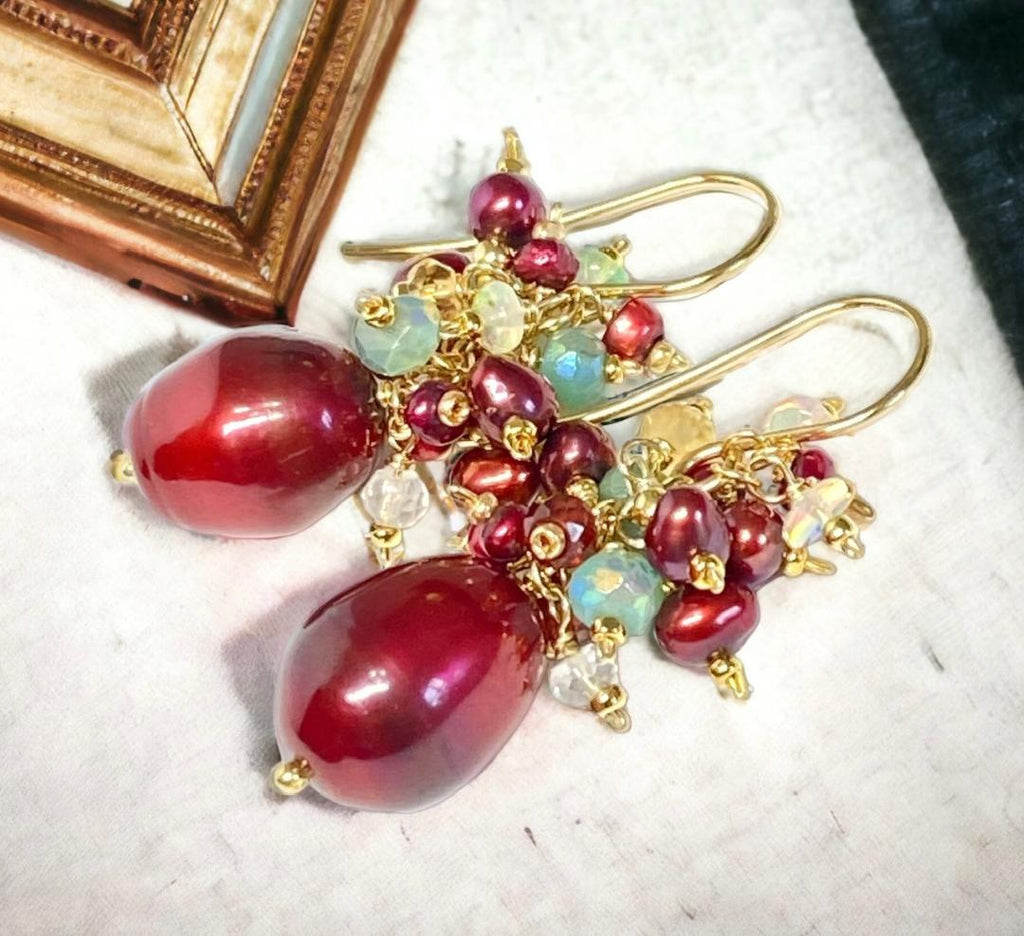 Red Pearl and Gemstone Cluster Earrings, Gold, Christmas Earrings