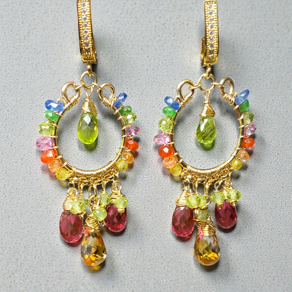 Colorful Gemstone Chandelier Earrings: Peridot, Citrine, Pink Quartz, Gold Fill