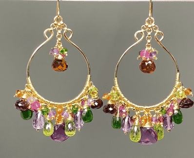 Statement chandelier gemstone earrings in gold fill with violet quartz, peridot, amethyst and more