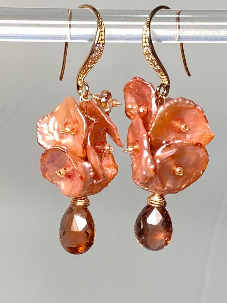 Tourmaline, Sapphire and Coral Keishi Pearl Cluster Earrings Rose Gold
