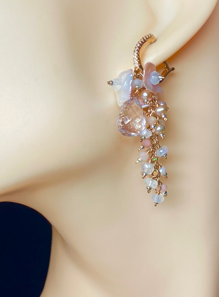Pink Pearl and Pink Gemstone Long Dangle Earrings Rose Gold Fill - Doolittle