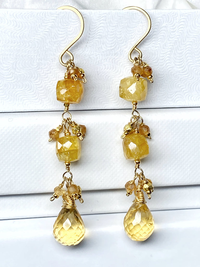 Long Citrine Dangle Earrings Gold Fill or Sterling Silver