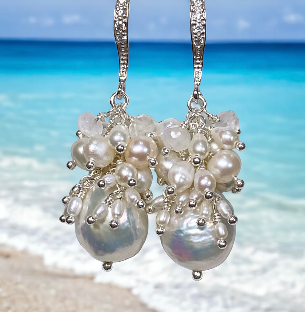 White Edison Pearl Cluster Earrings with Moonstone in Sterling Silver