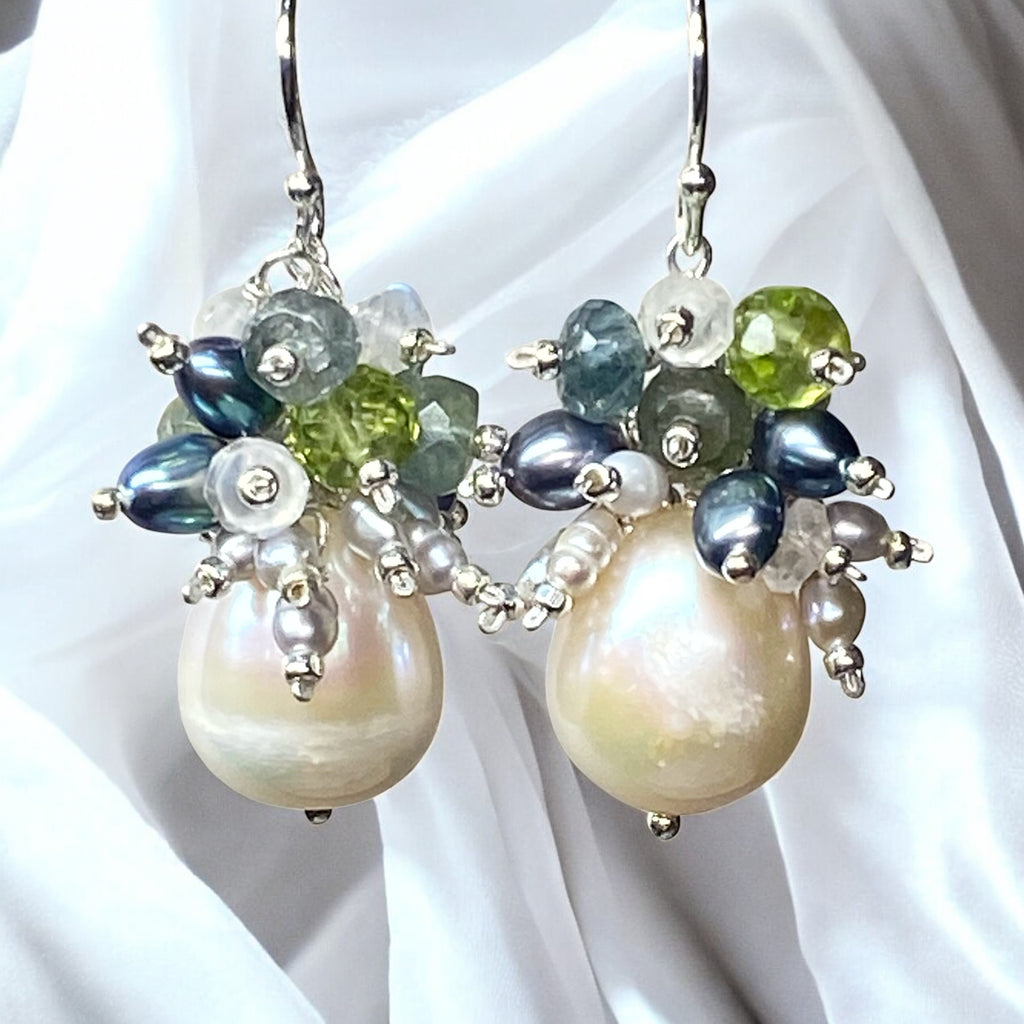 Moss Aquamarine and Pearl Cluster Earrings, Sterling Silver