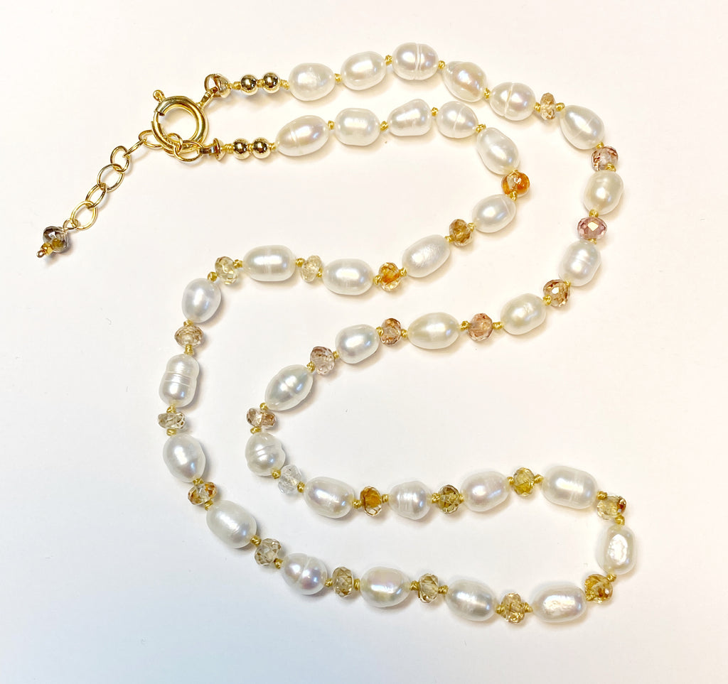 Pearl Necklace with Natural Zircon Gemstones, Silk Knotted, Gold Fill