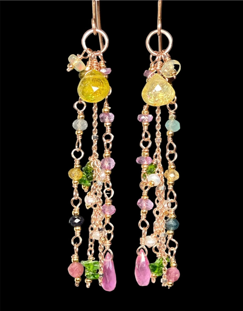 Canary Yellow Tourmaline Long Dangle Earrings Rose Gold Fill